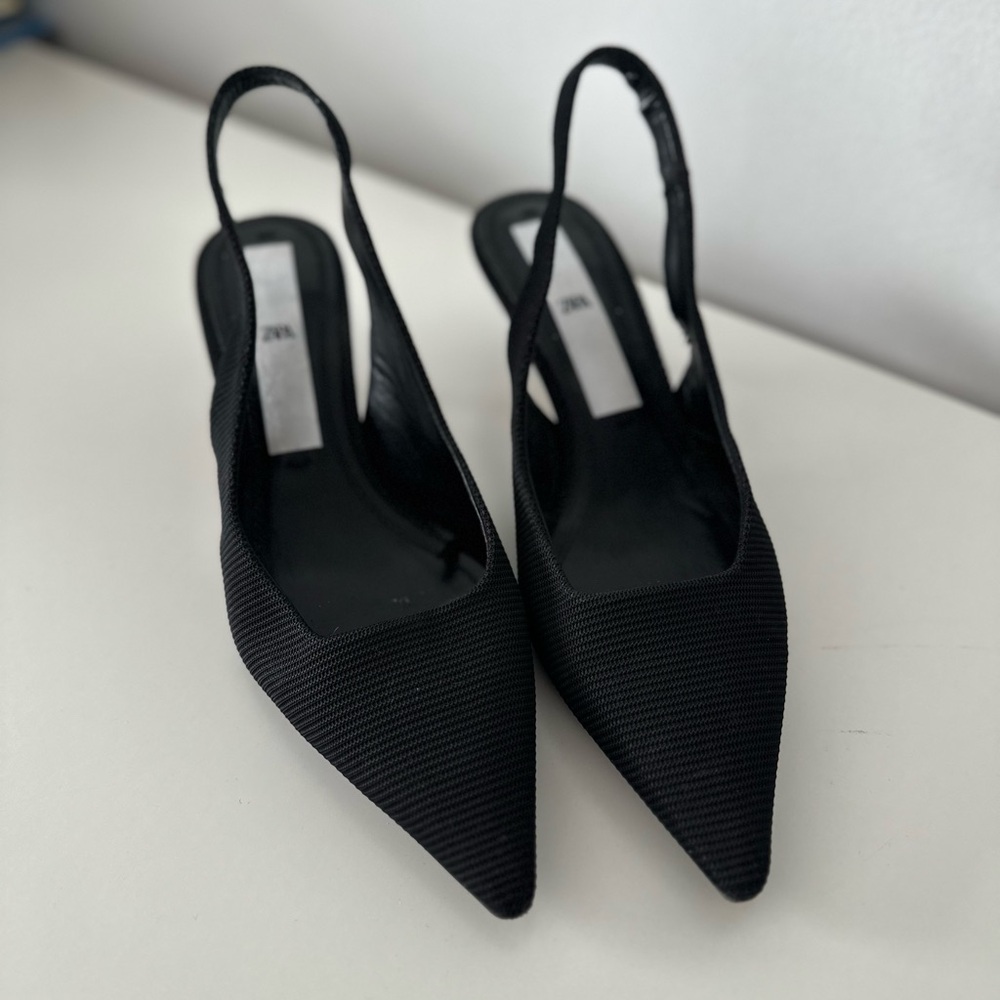 Zara Black Textured Slingback Heels